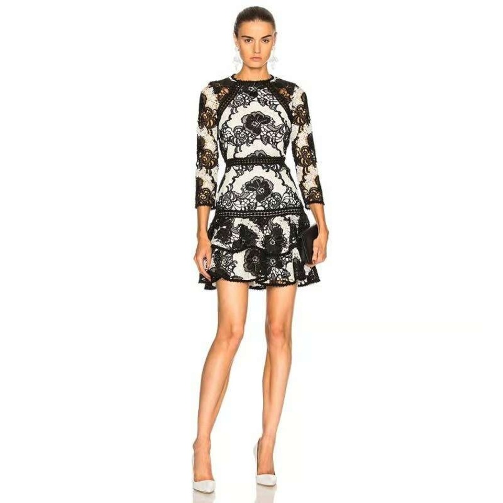 Alexis Sheena Black & White Floral Guipure Lace Tiered Mini Dress M